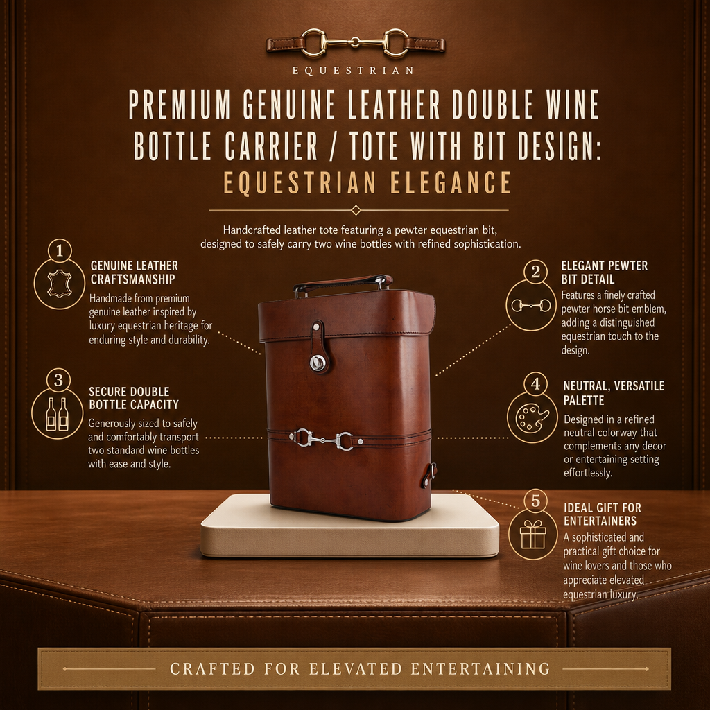 Premium Genuine Leather Double Wine Bottle Carrier / Tote with Bit Design