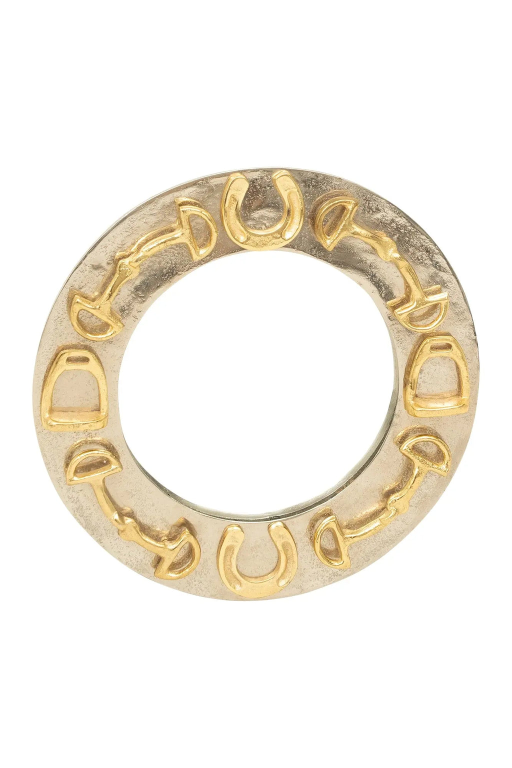 Decorative Round Mirror with Horse shoes, Stirrups, and Bits, Gold