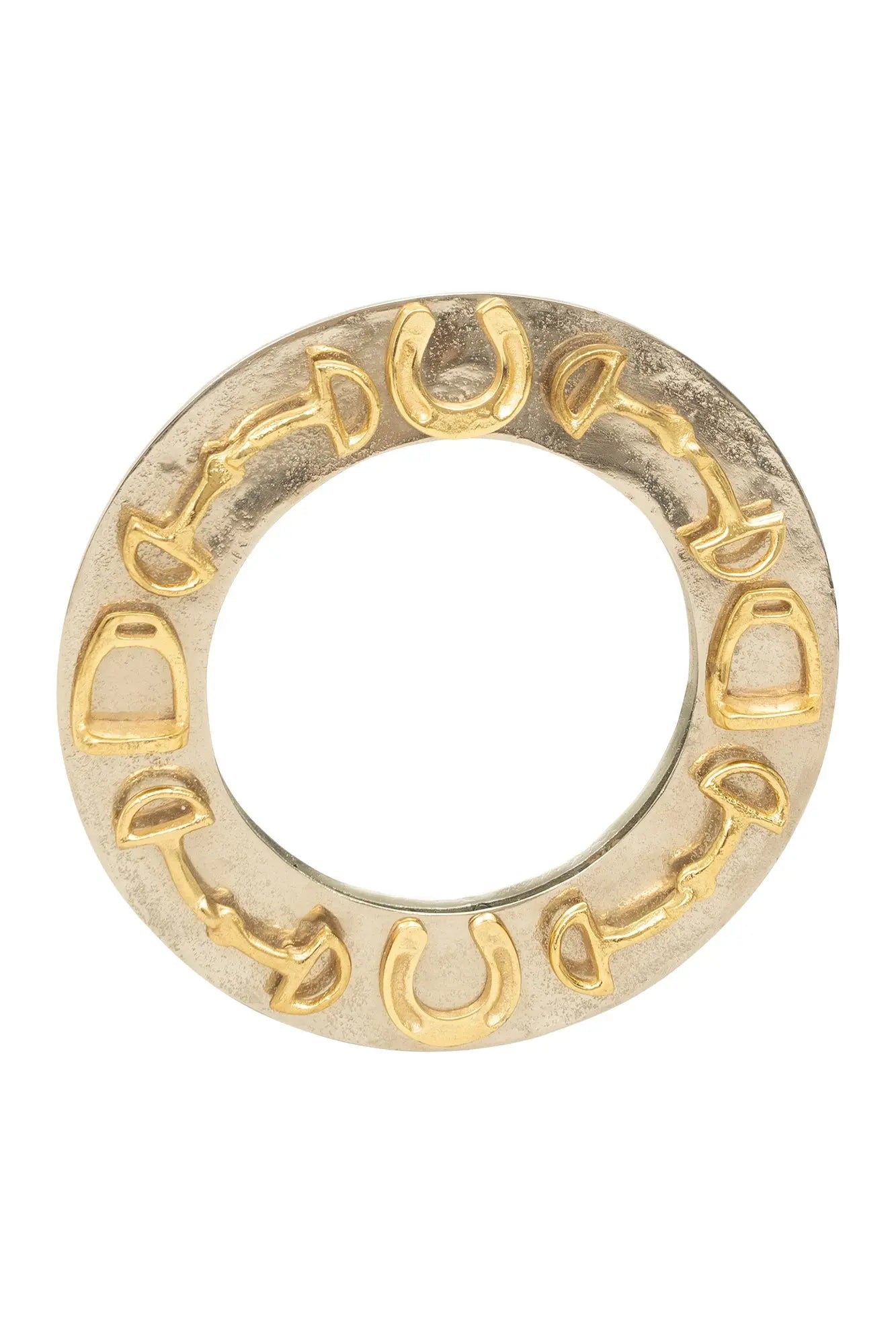 Decorative Round Mirror with Horse shoes, Stirrups, and Bits, Gold