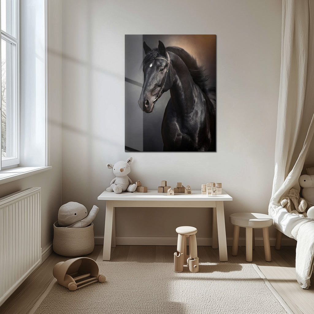 Elegant Black Horse Portrait UV Glass Wall Art