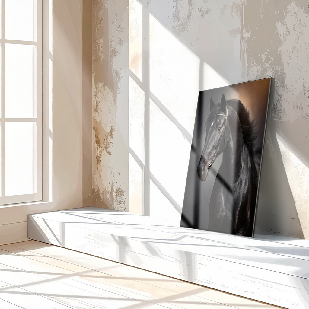 Elegant Black Horse Portrait UV Glass Wall Art