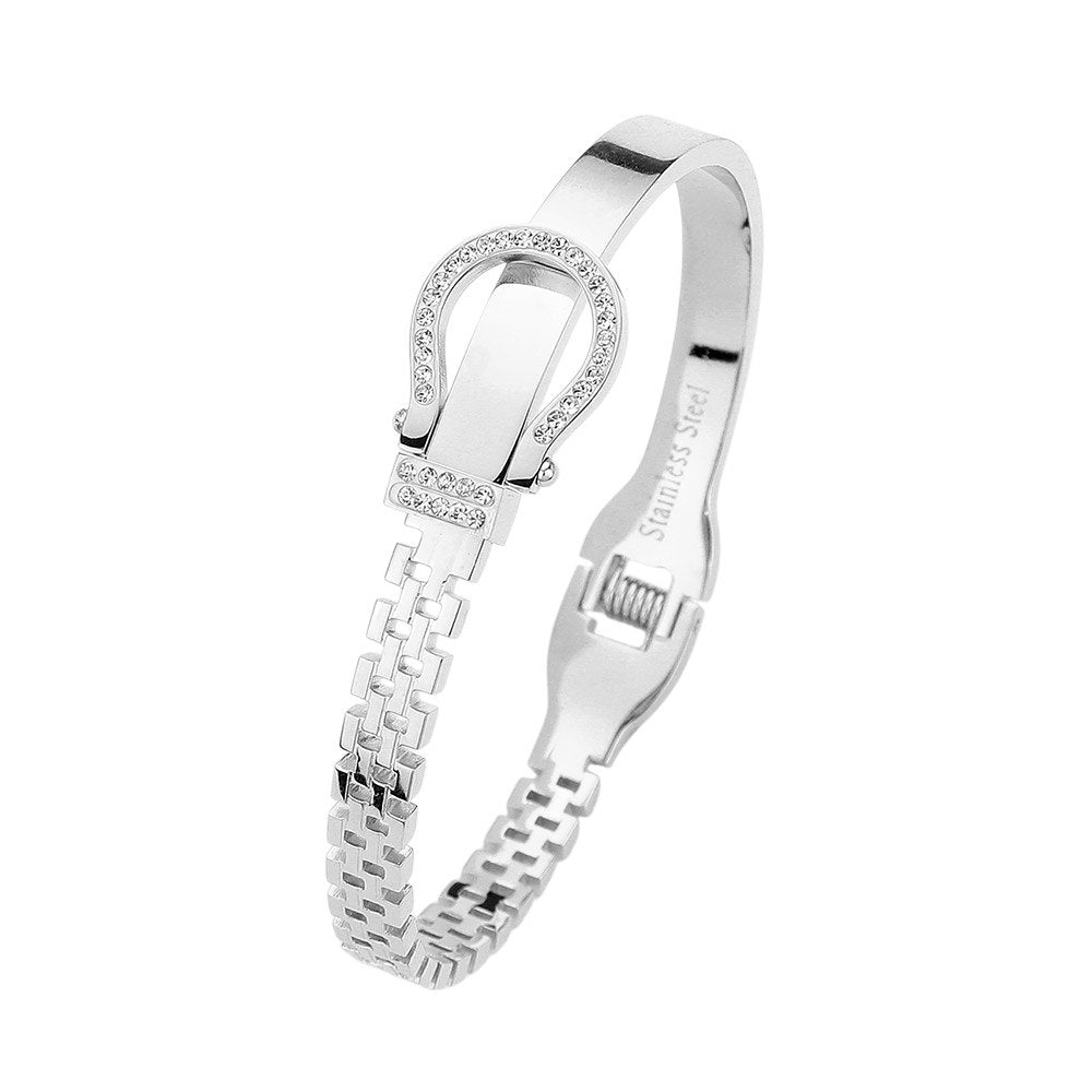 Rhinestone Belt Buckle Hinged Bangle Bracelet- Silver
