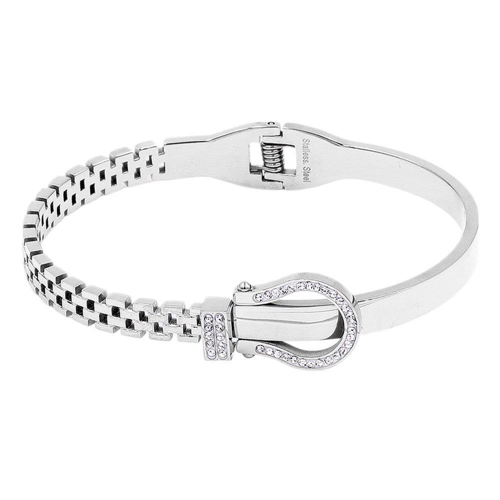 Rhinestone Belt Buckle Hinged Bangle Bracelet- Silver