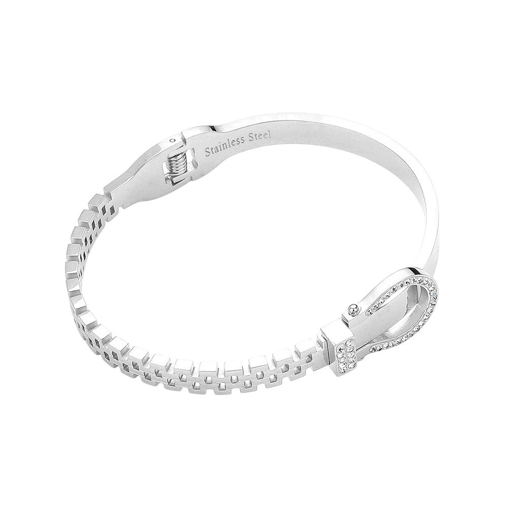Rhinestone Belt Buckle Hinged Bangle Bracelet- Silver