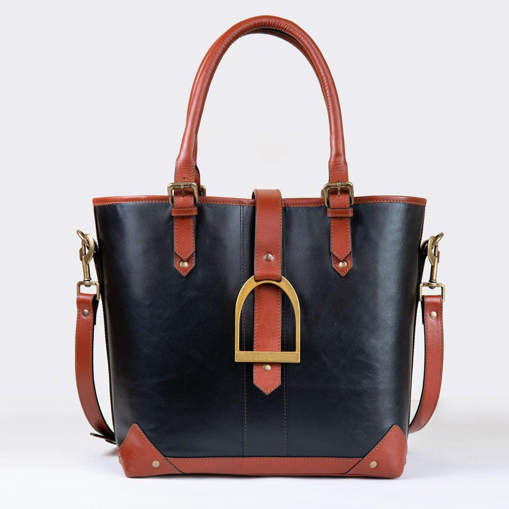 Signature - Riding Stirrup Tote Luxury Leather Handbag in Cognac on Black