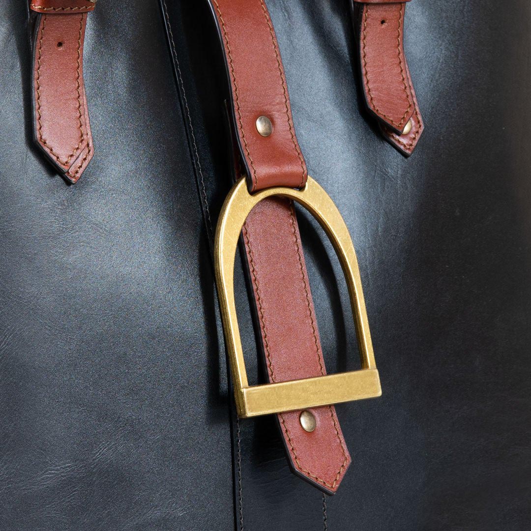 Signature - Riding Stirrup Tote Luxury Leather Handbag in Cognac on Black