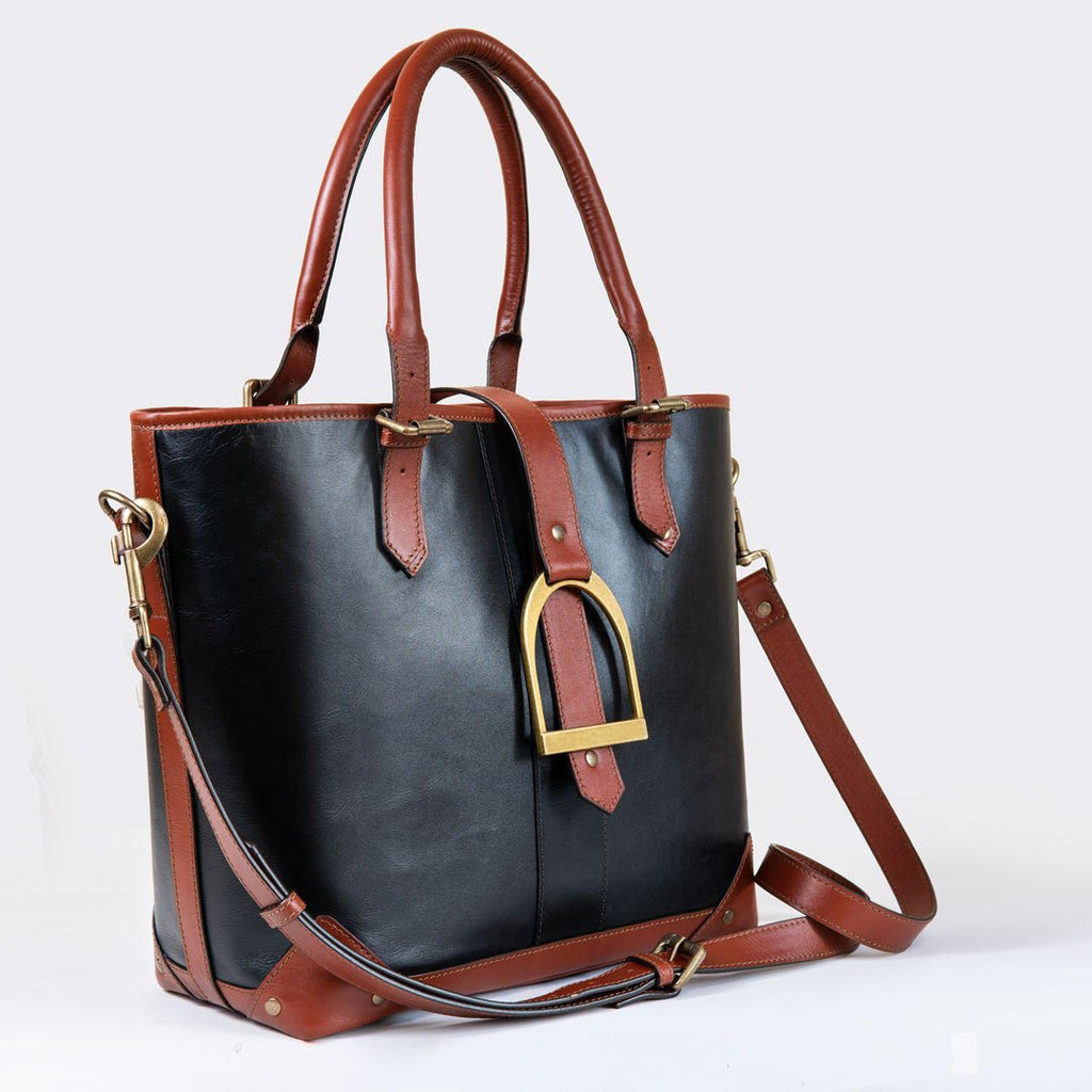 Signature - Riding Stirrup Tote Luxury Leather Handbag in Cognac on Black