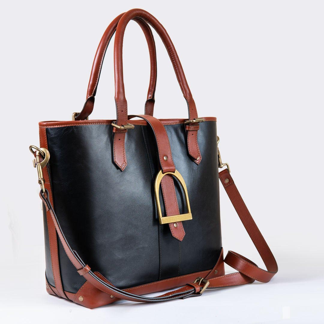 Signature - Riding Stirrup Tote Luxury Leather Handbag in Cognac on Black