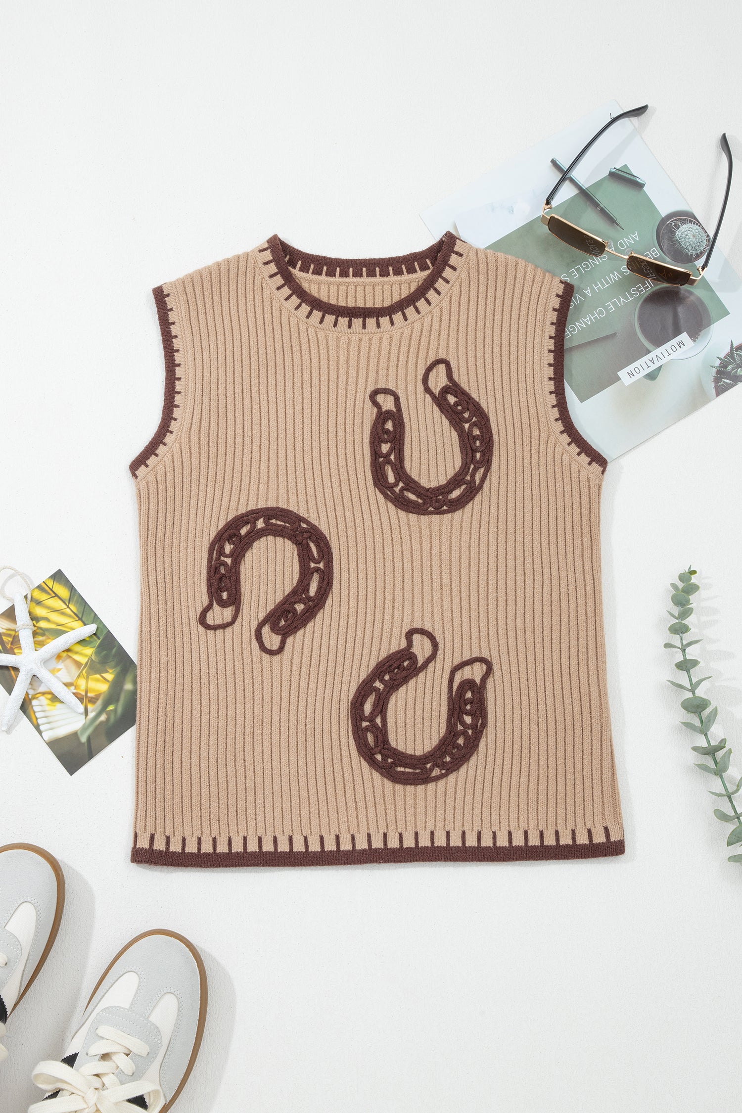 Western Horseshoe Ribbed Knit Sweater Top