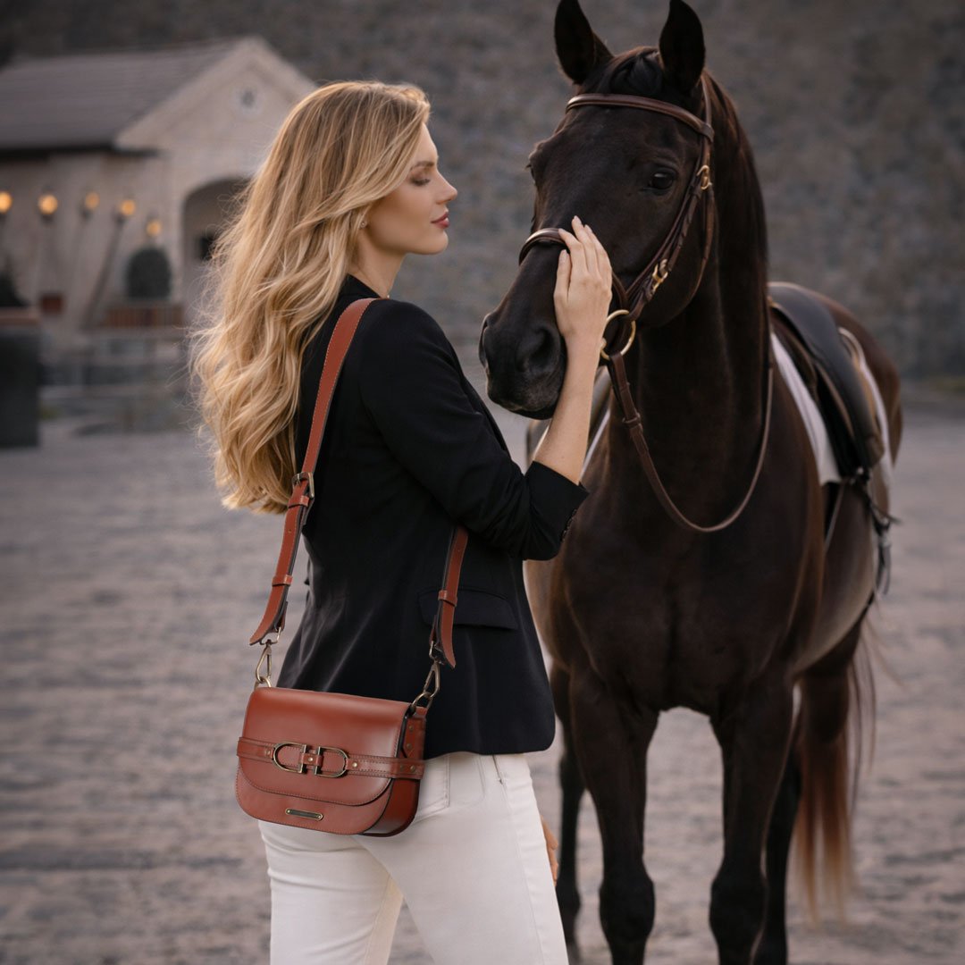 Delaney - Equestrian Stirrup Crossbody Luxury Leather Handbag in Cognac