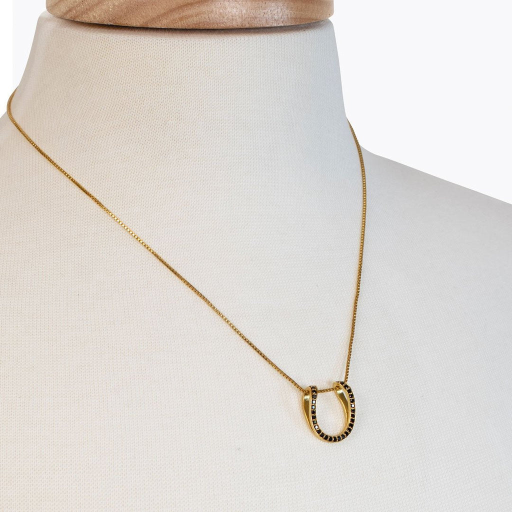 Levade -Black Moissanite Horseshoe Equestrian Necklace in Gold