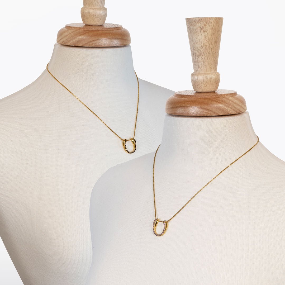 Levade -Black Moissanite Horseshoe Equestrian Necklace in Gold