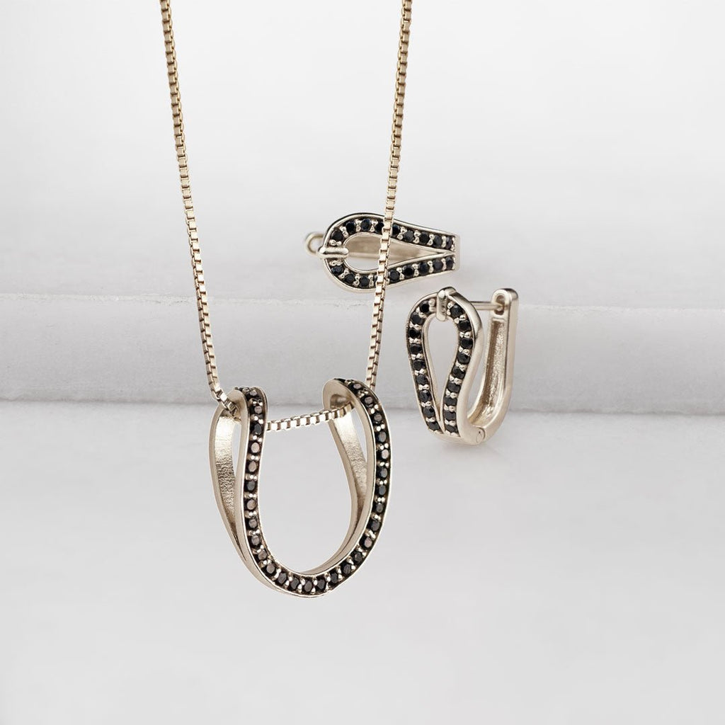 Levade -Black Moissanite Horseshoe Equestrian Necklace in Silver