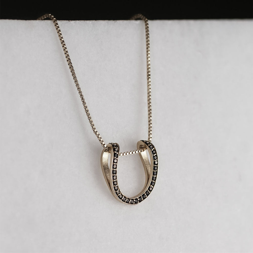 Levade -Black Moissanite Horseshoe Equestrian Necklace in Silver