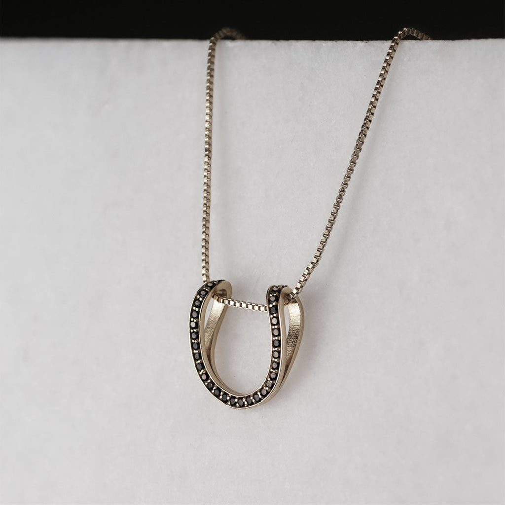Levade -Black Moissanite Horseshoe Equestrian Necklace in Silver