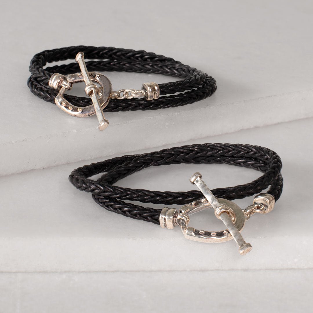 Roundup - Braided Leather Horseshoe Bracelet in Black & Silver