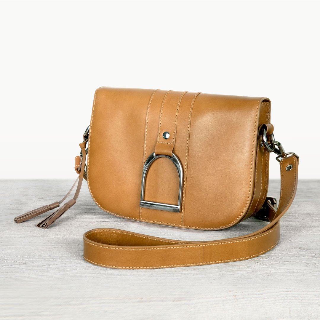 Signature Stirrup - Riding Stirrup Crossbody Luxury Leather Handbag in Caramel