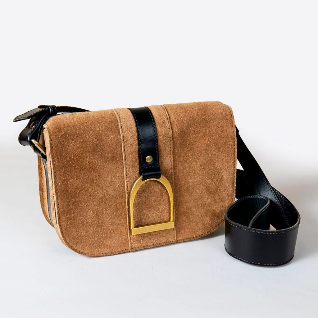 Signature Stirrup - Riding Stirrup Crossbody Luxury Leather Handbag in Black on Chestnut