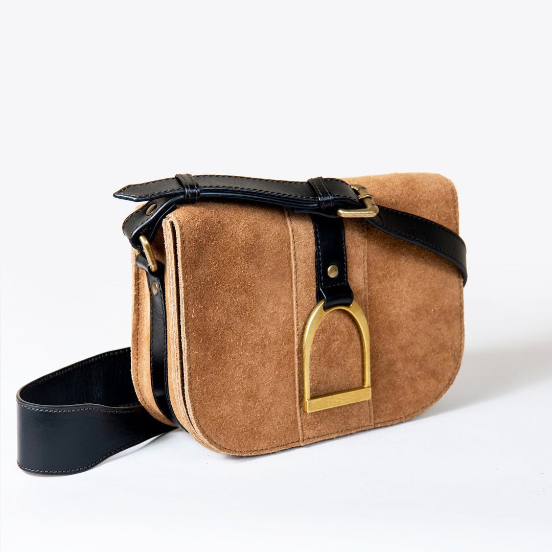 Signature Stirrup - Riding Stirrup Crossbody Luxury Leather Handbag in Black on Chestnut