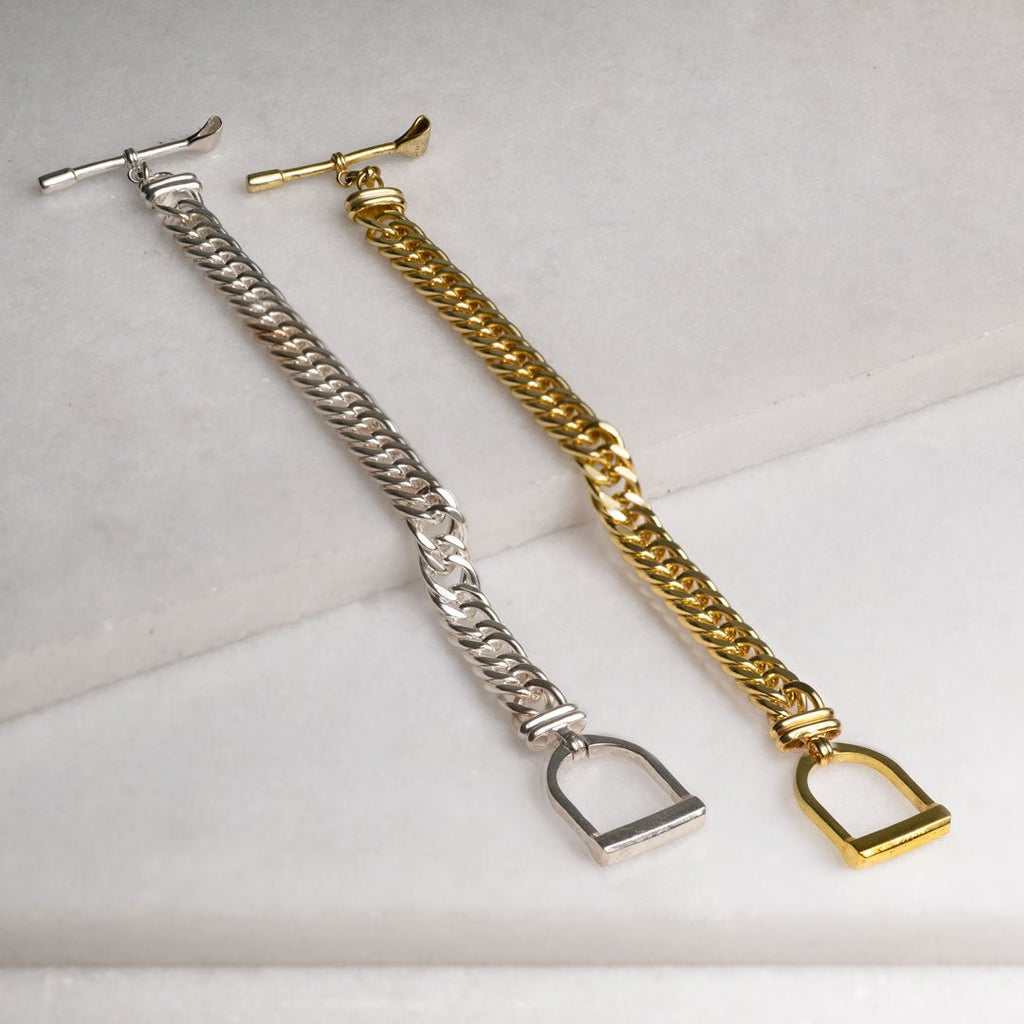 Polo Curb Chain Riding Stirrup T-Bar Bracelet in Silver